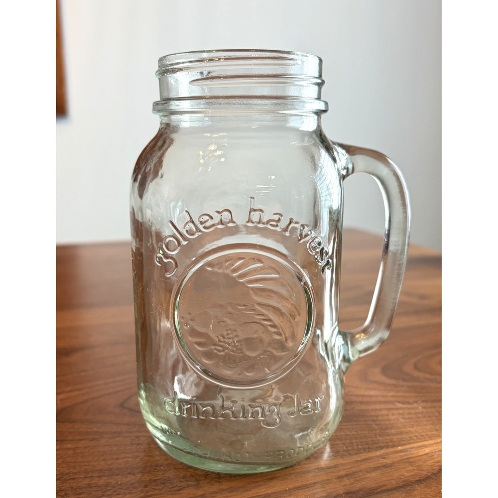 Golden Harvest Large Clear Glass Mason Drinking Jar W/Handle 32 oz Vintage